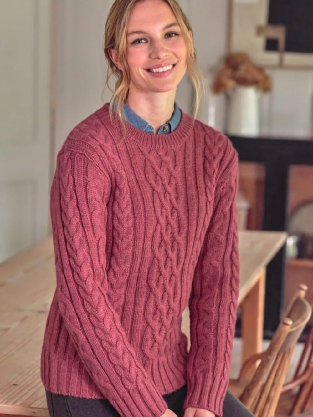 WoolOvers 100% Pure Wool Aran Crew Neck Jumper, Pink Raspberry